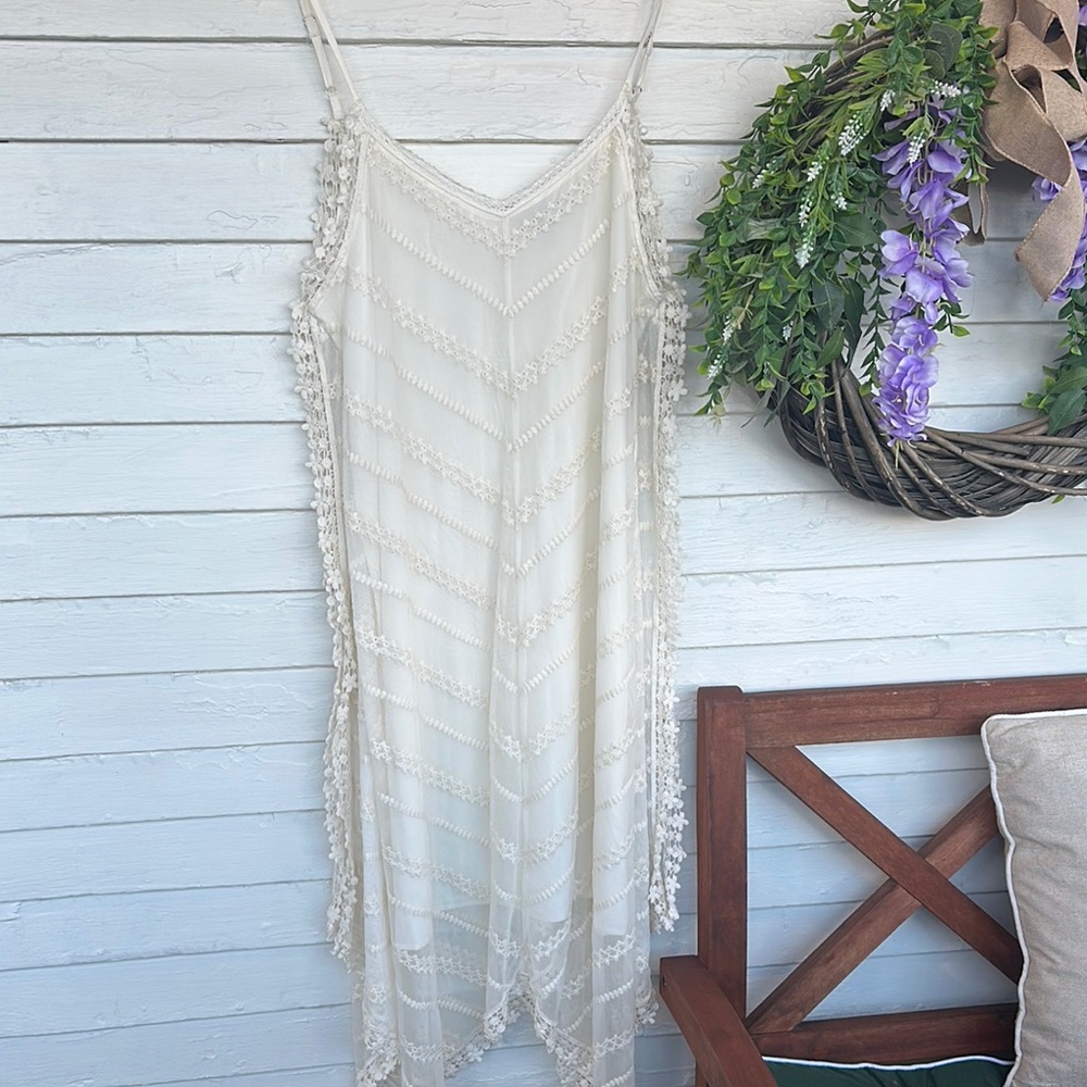 Pretty Ivory Cream Lace Slip Sun Dress with Eyelets and Flower Details L